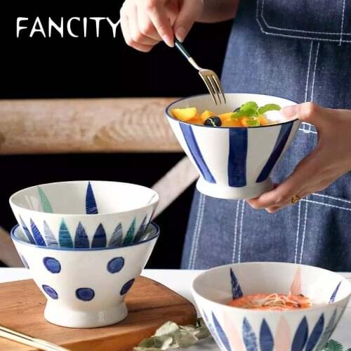 FANCITY 5 inch Japanese Rice Bowl Ceramic Dinner Bowl Soup Salad Bowl Chinese Cuisine Dinnerware Stripe Dot Design
