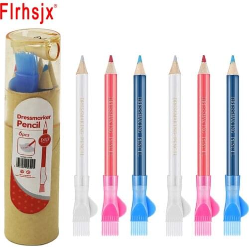 FLRHSJX 6Pcs Sewing Pencils with a Sharpener Fabric Water Soluble Pen Tailors Chalk Pencil with Brush Cap for Dressmaker Tools