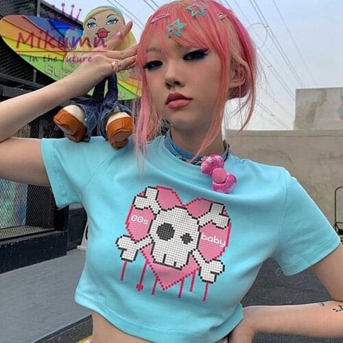 Harajuku Punk Style Women Cute Skull Printed T-Shirt O-Neck Short Sleeve Female Summer Crop Tops Gothic Tees Mujer Streetwear
