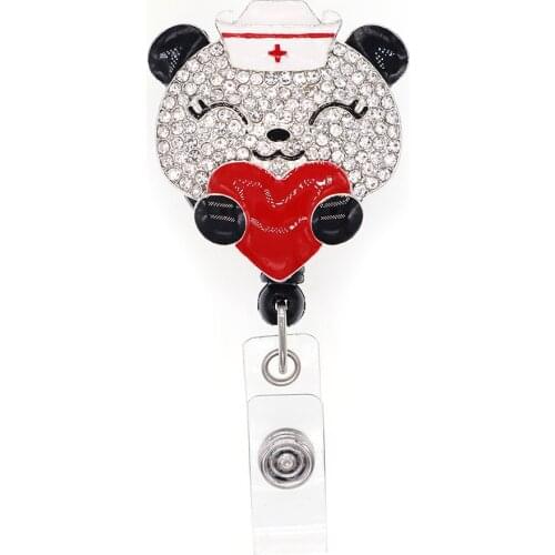 20pcs/lot Lovely Enamel Heart Nurse ID Card Holder Retractable Rhinestone Medical Badge Reel