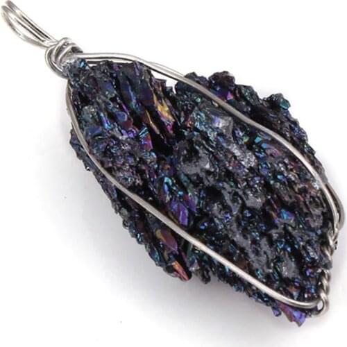 KFT Natural Irregular Mineral Quartz Healing Reiki Coal Crystal Stone Pendant Wire Wrapped Cluster Aurora Stone Pendant Jewelry