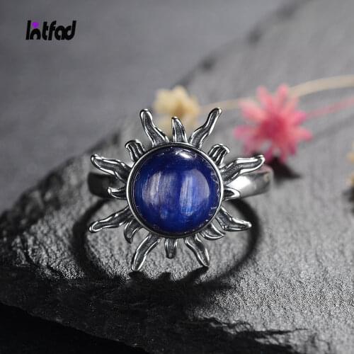 Natural Kyanite Ring 925 Sterling Silver Jewelry Ring for Women Men Sun Shape Vintage Finger Ring Party Luxury Gift
