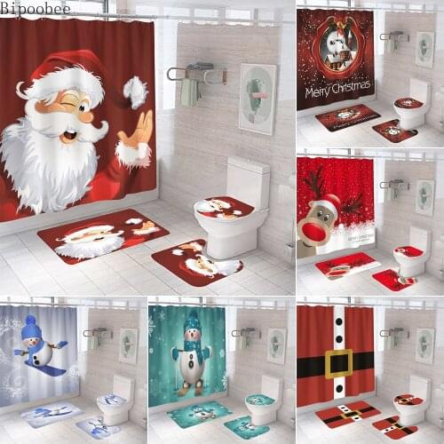Bipoobee Santa Claus 3d Print Toilet Cover Mat Snowman Elk Bathroom Curtain Bath Rug Sets Shower Curtains Merry Christmas