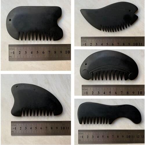 Matt Black Stone Quartz Crystal Comb Engraved Tool Carved Bian Stones Natural Healing Crystal Yoga Massage Decor Men Women