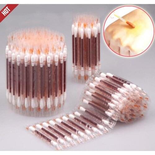 50pcs Medical Multifunction Disinfected Stick Make Up Wood Iodine Disposable Medical Double- Cotton Swab Portable Bar