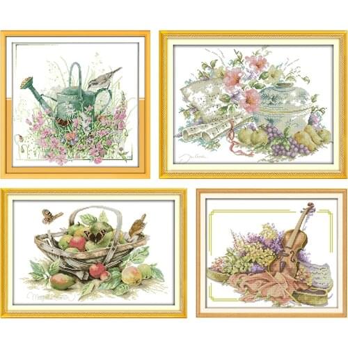 Embroidery Kit Stamped Cross Stitch The Violin and Flowers Patterns Counted 11CT 14CT Print Handmade Thread Needlework Decor Set