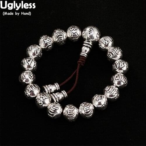 Uglyless Free Size for All 925 Silver Elastic Rope Beading Bracelets for Buddhists Six-word 10MM Beads Bangle Religious Jewelry