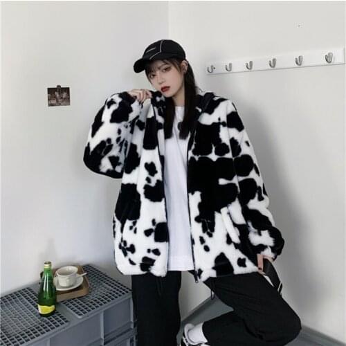 Winter New Cows Printing Faux Fur Coats Women Loose Full Sleeve Fluffy Jacket Female Korean Fashion Keep Warm Zipper Outwear