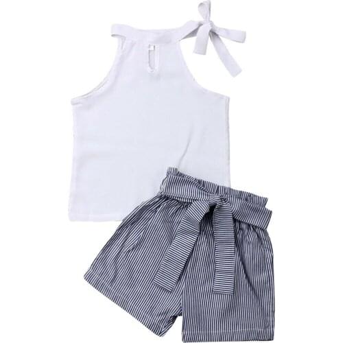 New Toddler Kids Baby Girls 2Pcs Sets Sleeveless Vest White Tops O-Neck Bow Striped Shorts Pants Summer Hollow Casual Clothes