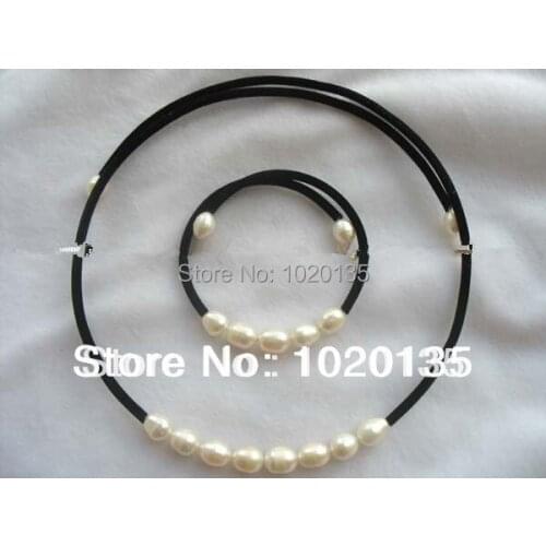 One set freshwater pearl white rice white chocker necklace bracelet nature beads FPPJ 5-6mm