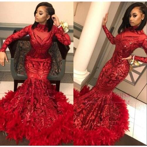 African Mermaid Sequins Prom Dresses 2021 vestido de festa Long Sleeve Evening Dress High Neck Formal Imported Party Dress