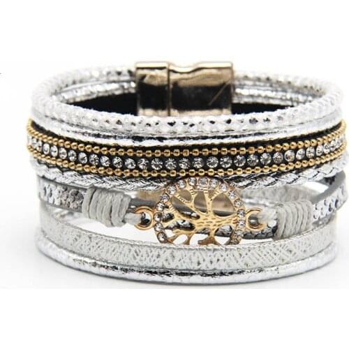 Braid Leather Bracelet For Women Fashion Magnetic Buckle Hollow Tree Alloy Multilayer Wrap Female Bracelet Bangle Jewelry Gift