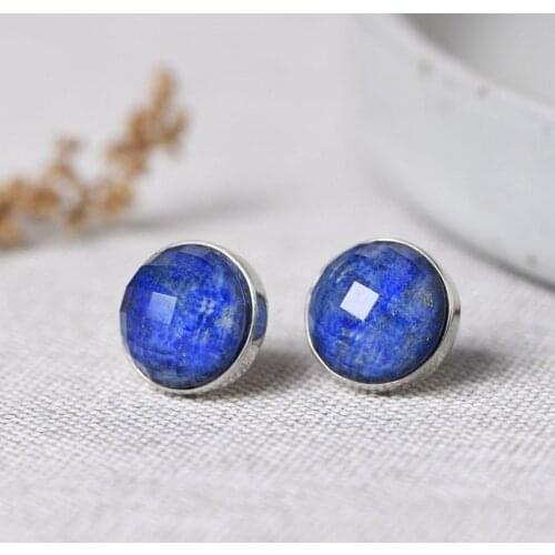 FNJ Natural Lapis Lazuli Round Earrings 925 Silver Original Pure S925 Sterling Silver Stud Earring Women Jewelry