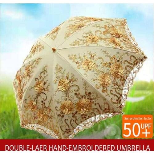 Sun umbrella UV protection embroidery lace sunscreen black plastic folding umbrella