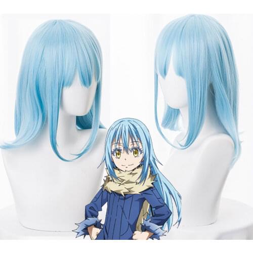 Tensei shitara Slime Datta Ken Cosplay Wigs Rimuru Tempest Wigs 40cm Blue Synthetic Hair Heat Resistant + Wig Cap