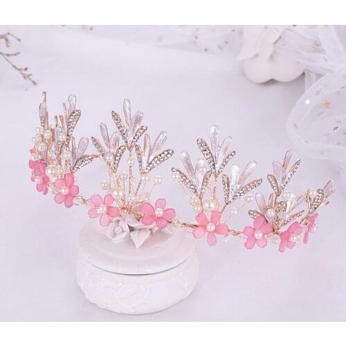 Handmade Sweet Pink Flower Tiara Crowns Branch Bridal Wedding Diadema Hair Tiaras Decoration Accessories BN