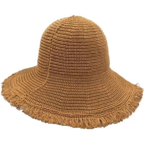 XEONGKVI Korean Hand-Woven Pure Color Sun Hats Spring Summer Folding Straw Hats For Women Men Beach Wide Brim Cap
