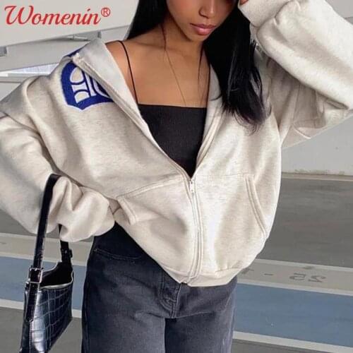 Y2K Zipper Jacket Women Coat Zip-up Print Vintage Pocket Drop-shoulder Hooded Female Sweatshirt 2021 Loose Casual Top Woman