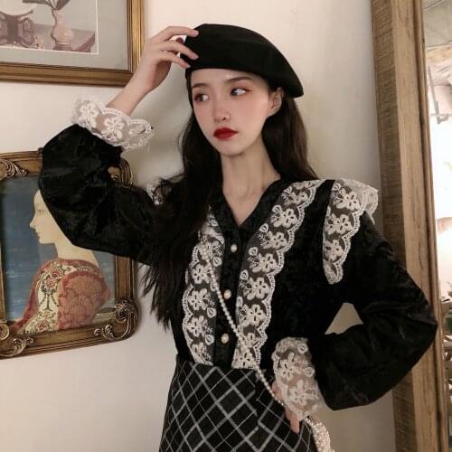 Blouse Women Lace Velvet Shirt Womens Top Loose Long Sleeve Shirt Blusas Ropa De Mujer