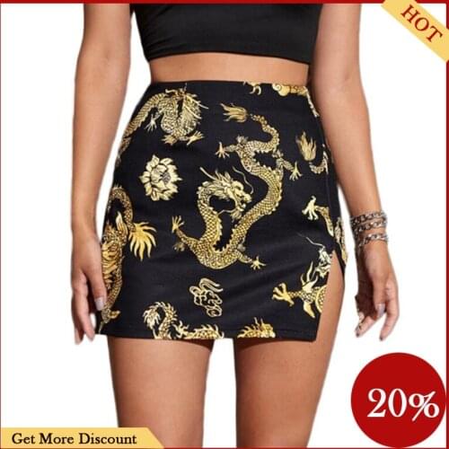 Women Fashion Dragon Print Skirt Stylish High Waist Split Skirt Mini Skirts Summer Skirt Irregular Skirt Sexy Embroidery Skirt