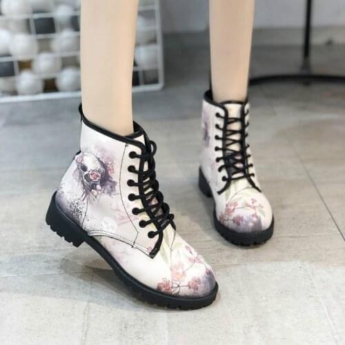 Hot Skeleton Women Snow Ankle Boots Motorcycle Skull Pansy Low Heels Shoes Vintage Pu Leather Warm Winter High Platform