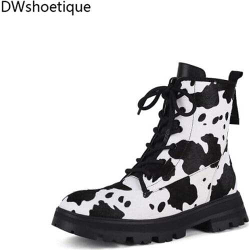 Horsehair women martin boots lace up chunky heel women ankle boots