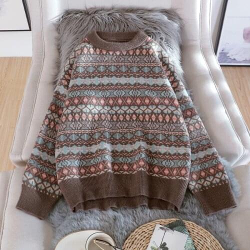 Womens Round Neck Sweater Womens Pullover Spring and Autumn New Loose Retro Bottom Sweater Tops Wear Womens Sweaters