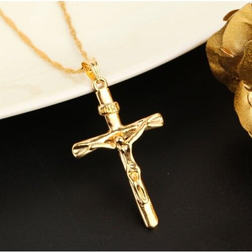 Gold Color Cross Pendant Necklace Women INRI Jesus Crucifix Christianity INBI Jesus Jewelry