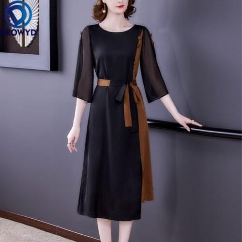 Women Beach Boho Long Dress Summer 2021 New Office Lady Sexy Patchwork Silk Solid Short Sleeve O-Neck Belt Black Dresses Traf