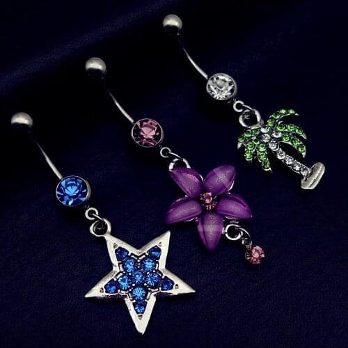 3pcs 2019 new arrivals star flower Coconut Tree mix style navel belly bar button rings body piercing jewelry free shipping