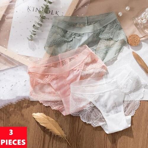 Fan·Sweet 3Pcs Sexy Lace Women Panties Ladies Lingerie Hollow Out Briefs Mid-Rise Panties Female Seamless Underwear Tanga