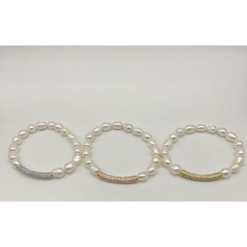 5pcs/lot Wholesale Custom Freshwater Pearl Bracelets CZ Cubic Zirconia Paved Bar Elastic Beads Bracelets