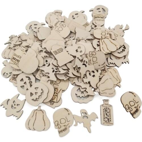 50pcs Halloween Wooden Slices DIY Arts & Crafts Kit Blank Cutouts Ornaments Gift Tags Decorations for Kids Homeschool Learning