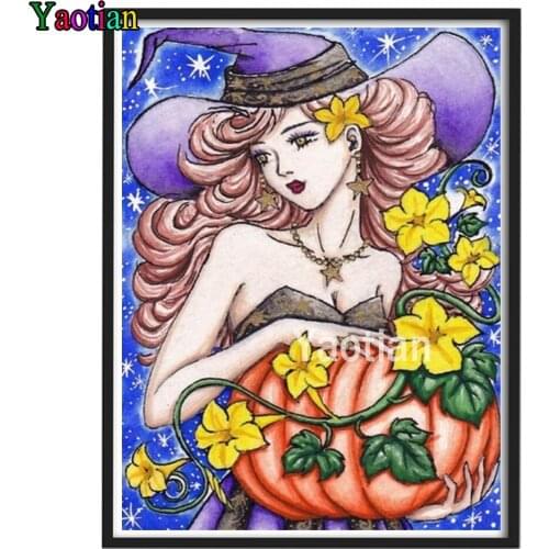 Full Drill Diamond Painting Witch Fairy and Pumpkin Diamond Embroidery Cross Stitch Kit Mosaic Home Decor Diy Handmade Artwork