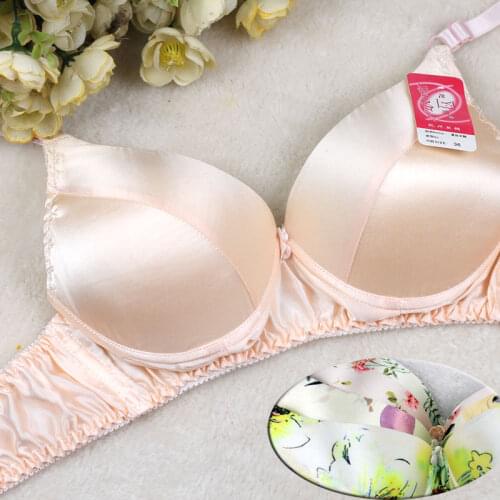 Pure silk Padded Bra Double Faced Silk Wireless Thin 100% Mulberry Silk Glossy Pattern Bras 34 36 38 40/90A FREE SHIPPING