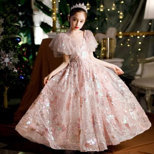 Children Girls Exquisite Elegant Pink Sequined Design Flowers Wedding Party Birthday Prom Dress Kids Model Catwalk Piano Dress