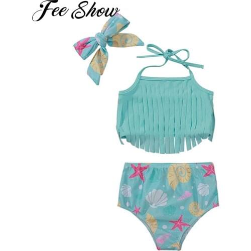 Kids Girls Summer Swimming Suit Swimsuit Halter Neck Crop Tops with Print Shorts Headband Set Beach Bikini Swimwear Bathing Suit