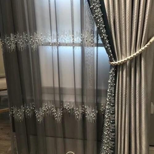 Pearls Sequins Tulle Curtain for Living Room Luxury Grey Pink Stitching Chenille Blackout Custom French Window Cortinas M232C