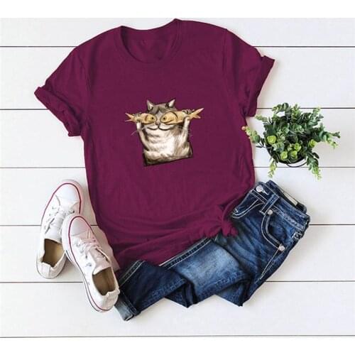 Plus Size S-5XL T Shirt Fashion Fish Cat Print TShirt O Neck Women T-Shirt Short Sleeve Tees 100%Cotton Summer Tops Harajuku