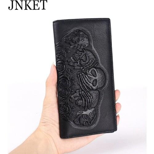 JNKET Retro Mens Long Wallet Cow Leather Clutch Wallet Billfold Skull Wallet Multi-card Wallet Large Capacity Clutch Bag