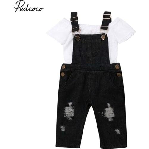 2019 Baby Summer Clothing Toddler Kid Baby Girls White Lace Crops Tops Overall Pocket Bib Ripped Pants Jeans 2PCS Outfits Sets