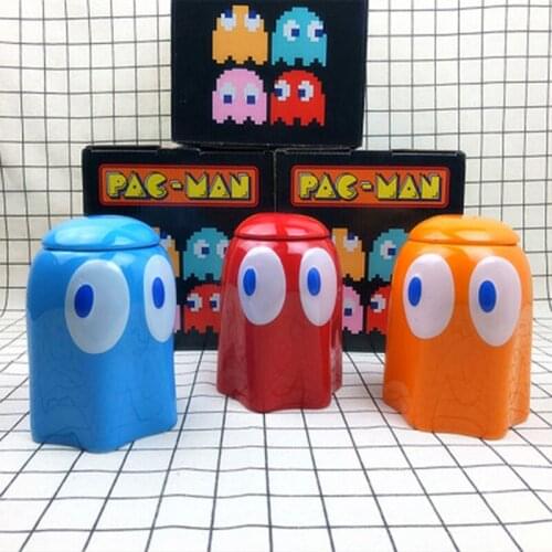 1Pcs New 320mL Red/Yellow/Blue Pacman Mug with Cover Ceramic Mug Cup Coffee Cup Game Theme Cartoon Expression Cup Gift For Kids