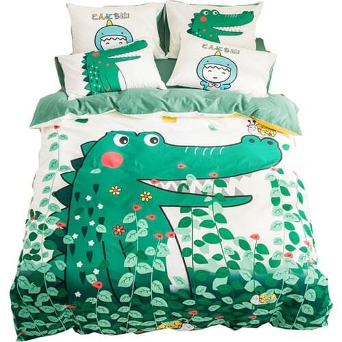 Cartoon Green Crocodile Dinosaurs Bedding Sets Twin Queen Flat Sheet Fitted Sheet High Count Cotton Bedlinens Duvet Cover Set