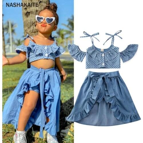 NASHAKAITE Toddler Baby Girl Clothes Set Blue Dots Off Shoulder Top +Tied Skirts +Shorts 3PCS Suit Girl Clothes For 1to 5Y