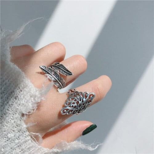 925 Sterling Silver Adjustable Ring Trendy Personality Korea Leaf Jewelry vintage Resizable silver Female Ring