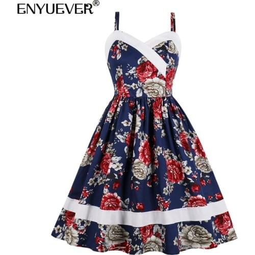 Enyuever Floral Vintage Dress Retro Summer Clothes Cotton Spaghetti Strap V Neck Robe Pin Up Swing Party Casual Dress Sundress