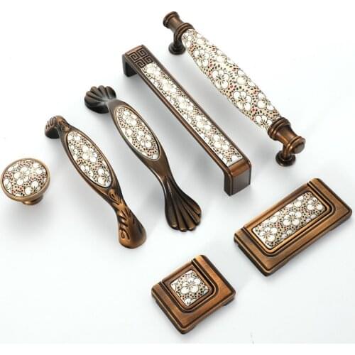 Antique Bronze Ceramic Cabinet Handles Pull Vintage Drawer Knobs Wardrobe Door Handles European Furniture Handle Hardware