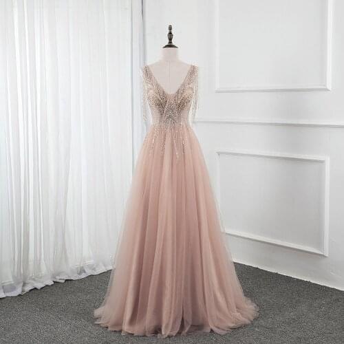 YQLNNE Sparkling Blush Pink Long Prom Dresses V Neck Tulle Crystals Beaded Backless Formal Gown For Women