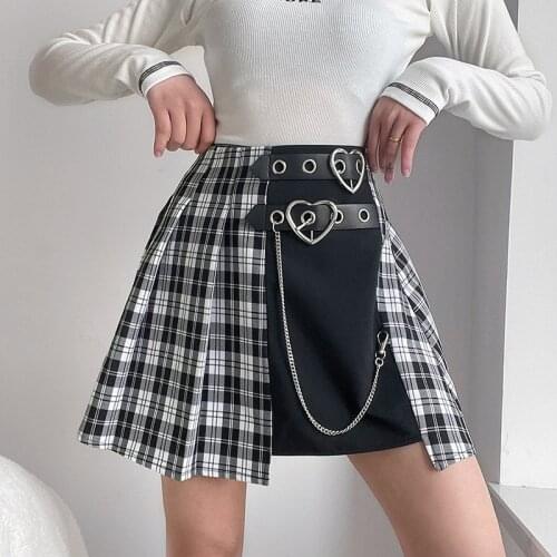 Womens Gothic Clothes Punk Black And White Plaid Stripe Chain Stitching Irregular Mini Pleated Skirt Y2K Met Harajuku Demon