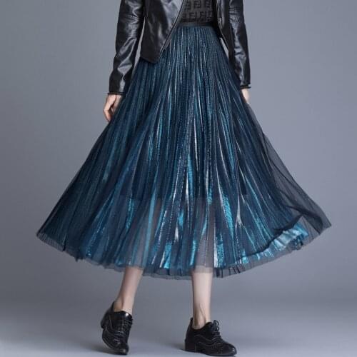 Women Fashion Shining Long Pleated Skirt Spring Autumn Female Elegant Loose Big Swing High Waisted Casual Woman Skirts 9013